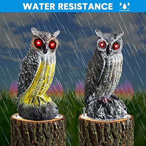 Fake Owl Decoy to Scare Birds Away Solar Scarecrow Decoy Motion Activated Bird Deterrent Bird Repellent with Red Flashing Eyes Frightening Sound Plastic Scarecrow for Yard (Gray, Yellow, 2 Pcs)