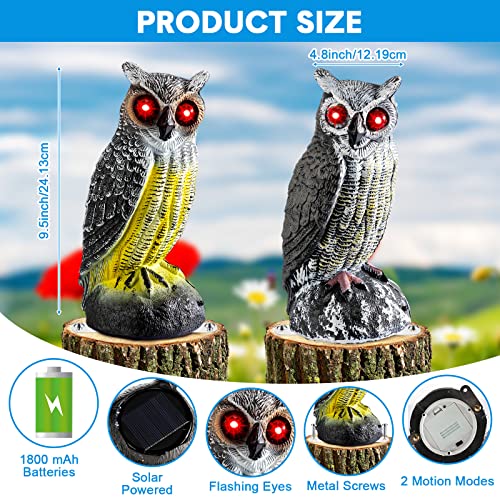 Fake Owl Decoy to Scare Birds Away Solar Scarecrow Decoy Motion Activated Bird Deterrent Bird Repellent with Red Flashing Eyes Frightening Sound Plastic Scarecrow for Yard (Gray, Yellow, 2 Pcs)