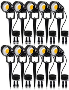 sunvie 12w low voltage led landscape lights with connectors, outdoor 12v super warm white (900lm) waterproof garden pathway lights wall tree flag spotlights with spike stand (10 pack with connector)