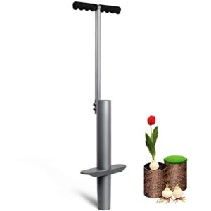 walensee bulb planter lawn and garden tool, flower weeder or weeding tools for digging hoes soil sampler transplanting sod plugger flower bulb garden planting tool steel with t-style long handle, grey