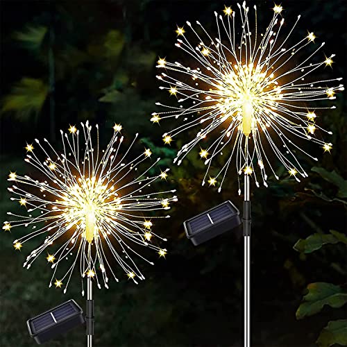 KHTO Solar Lights Outdoor Garden 120 LED Firework Lights with 8 Lighting Modes, IP65 Waterproof Solar Outdoor Lights Decorative for Walkway Patio Backyard Party (warmwhite,2)