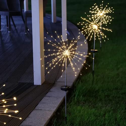 KHTO Solar Lights Outdoor Garden 120 LED Firework Lights with 8 Lighting Modes, IP65 Waterproof Solar Outdoor Lights Decorative for Walkway Patio Backyard Party (warmwhite,2)