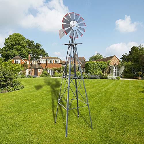 Outvita 8FT Ornamental Windmill, Heavy Duty Durable Metal Weather Vane Garden Decoration Weather Resistant for Garden, Yard, Farm, Seaside (8ft-Gray)