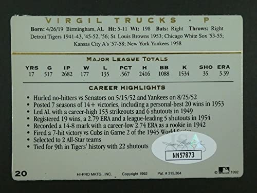 Virgil Trucks Signed Baseball Card with JSA COA