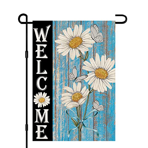 Welcome Daisy Spring Garden Flag 12 x 18 Inch Burlap Double Sided Outside, Seasonal Holiday Yard Outdoor Decorations DF247