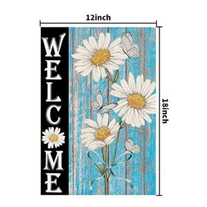 Welcome Daisy Spring Garden Flag 12 x 18 Inch Burlap Double Sided Outside, Seasonal Holiday Yard Outdoor Decorations DF247