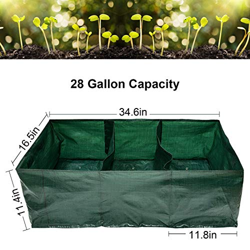 28 Gallon Exlarge Plastic Raised Planting Bed with 3 Compartments- 3 Divided Grids Rectangle Garden Grow Bag Potato Tomato Planter Pot Containers for Vegetables Plant Flowers Growing (Dark Green)