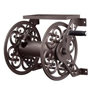 liberty garden products 708 steel decorative wall mount garden hose reel, holds 125-feet of 5/8-inch hose – bronze