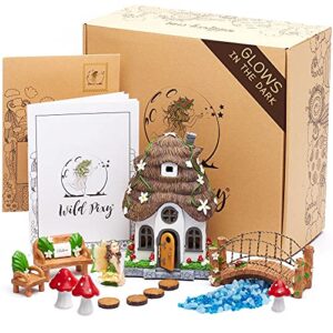 wild pixy fairy garden kit – glow in the dark fairy garden accessories set, 7.1″ fairy house with opening door and solar led light, glow stones, garden decorations for indoor or outdoor fairy gardens