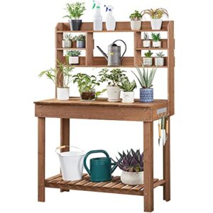 yaheetech potting bench table – germination table & outdoor garden work bench platform w/display rack/storage shelf/hanger/thoughtful sink – brown
