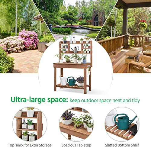 Yaheetech Potting Bench Table - Germination Table & Outdoor Garden Work Bench Platform w/Display Rack/Storage Shelf/Hanger/Thoughtful Sink - Brown