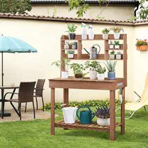 Yaheetech Potting Bench Table - Germination Table & Outdoor Garden Work Bench Platform w/Display Rack/Storage Shelf/Hanger/Thoughtful Sink - Brown