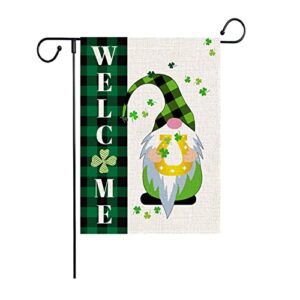 welcome gnomes garden flags, st patrick’s day buffalo plaid vertical double sized burlap flag for house yard outdoor decor 12.5 x 18 inch