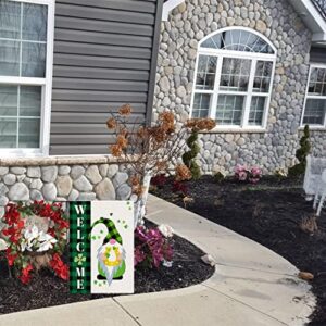 Welcome Gnomes Garden Flags, St Patrick's Day Buffalo Plaid Vertical Double Sized Burlap Flag for House Yard Outdoor Decor 12.5 x 18 Inch