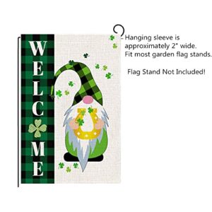 Welcome Gnomes Garden Flags, St Patrick's Day Buffalo Plaid Vertical Double Sized Burlap Flag for House Yard Outdoor Decor 12.5 x 18 Inch