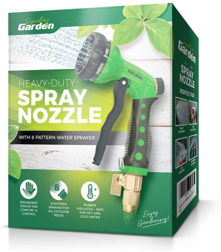 Signature Garden Heavy-Duty Water Hose Spray Nozzle - Comfort-Grip Hose Attachment - 8 Different Spray Patterns - Garden Hose Nozzle for Watering Lawns & Gardens, Washing Cars & Pets (Green)