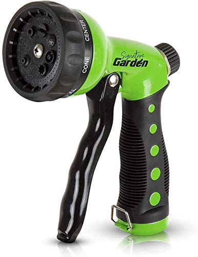 Signature Garden Heavy-Duty Water Hose Spray Nozzle - Comfort-Grip Hose Attachment - 8 Different Spray Patterns - Garden Hose Nozzle for Watering Lawns & Gardens, Washing Cars & Pets (Green)