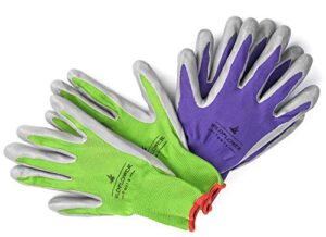 wildflower tools gardening gloves for women and men – nitrile coating for protection (medium, purple pair/green pair with white cuff hem)