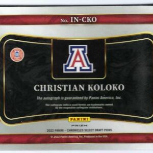 CHRISTIAN KOLOKO 2022-23 Panini Chronicles Select Draft Picks In Flight #IN-CKO PURPLE PRIZM PARALLEL AUTOGRAPH Rookie Card RC #17 of only 25 Made! Arizona Wildcats Toronto Raptors Basketball