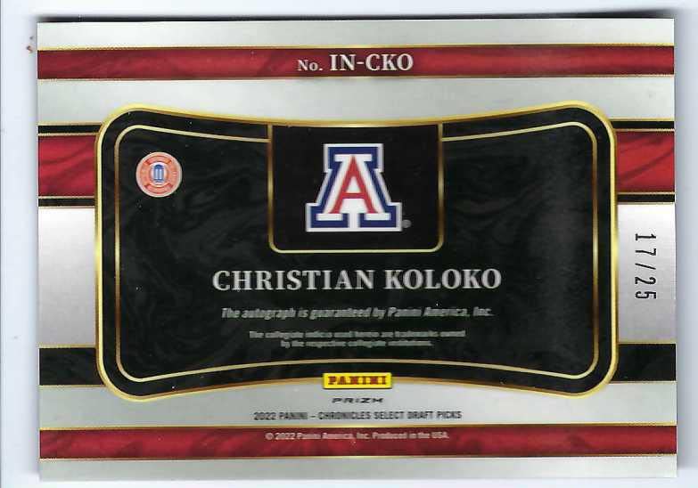 CHRISTIAN KOLOKO 2022-23 Panini Chronicles Select Draft Picks In Flight #IN-CKO PURPLE PRIZM PARALLEL AUTOGRAPH Rookie Card RC #17 of only 25 Made! Arizona Wildcats Toronto Raptors Basketball