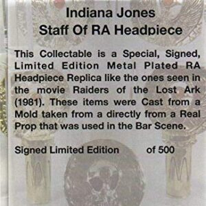 Indiana Jones, Staff of RA Headpiece, Antique Gold, Solid Metal, Red Jewels, Acrylic Display Plaque