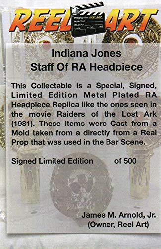 Indiana Jones, Staff of RA Headpiece, Antique Gold, Solid Metal, Red Jewels, Acrylic Display Plaque