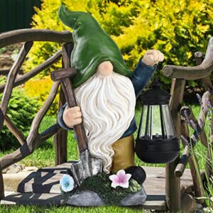 Aismio Garden Gnome Statue with Solar Lights, Large Garden Statue and Sculpture with Lantern, Funny Resin Gnome Garden Figurines for Outdoor Patio Lawn Yard Decor 13 inch Ornament Gift(Shovel)