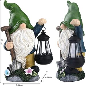 Aismio Garden Gnome Statue with Solar Lights, Large Garden Statue and Sculpture with Lantern, Funny Resin Gnome Garden Figurines for Outdoor Patio Lawn Yard Decor 13 inch Ornament Gift(Shovel)