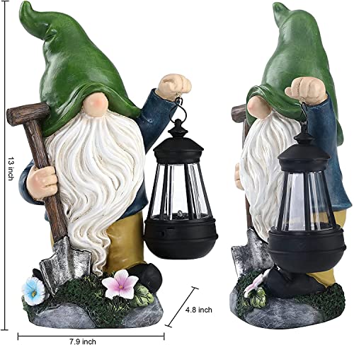 Aismio Garden Gnome Statue with Solar Lights, Large Garden Statue and Sculpture with Lantern, Funny Resin Gnome Garden Figurines for Outdoor Patio Lawn Yard Decor 13 inch Ornament Gift(Shovel)