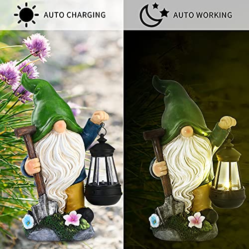 Aismio Garden Gnome Statue with Solar Lights, Large Garden Statue and Sculpture with Lantern, Funny Resin Gnome Garden Figurines for Outdoor Patio Lawn Yard Decor 13 inch Ornament Gift(Shovel)