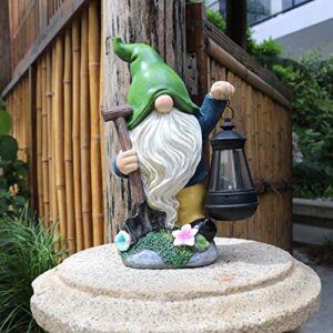 Aismio Garden Gnome Statue with Solar Lights, Large Garden Statue and Sculpture with Lantern, Funny Resin Gnome Garden Figurines for Outdoor Patio Lawn Yard Decor 13 inch Ornament Gift(Shovel)