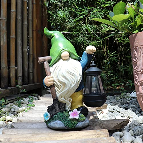 Aismio Garden Gnome Statue with Solar Lights, Large Garden Statue and Sculpture with Lantern, Funny Resin Gnome Garden Figurines for Outdoor Patio Lawn Yard Decor 13 inch Ornament Gift(Shovel)