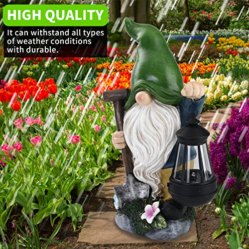 Aismio Garden Gnome Statue with Solar Lights, Large Garden Statue and Sculpture with Lantern, Funny Resin Gnome Garden Figurines for Outdoor Patio Lawn Yard Decor 13 inch Ornament Gift(Shovel)