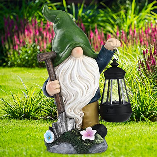 Aismio Garden Gnome Statue with Solar Lights, Large Garden Statue and Sculpture with Lantern, Funny Resin Gnome Garden Figurines for Outdoor Patio Lawn Yard Decor 13 inch Ornament Gift(Shovel)