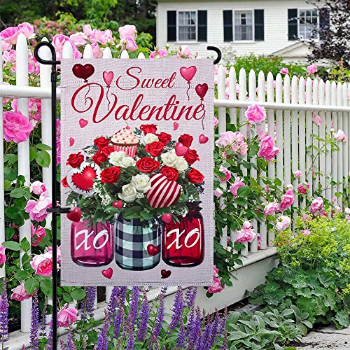 Sweet Valentines Day Garden Flag, hogardeck 12.5x18 Inch Vertical Double Sided XO Mason Jar Flower Yard Flag, Farmhouse Rustic Outdoor Valentines Day Decor