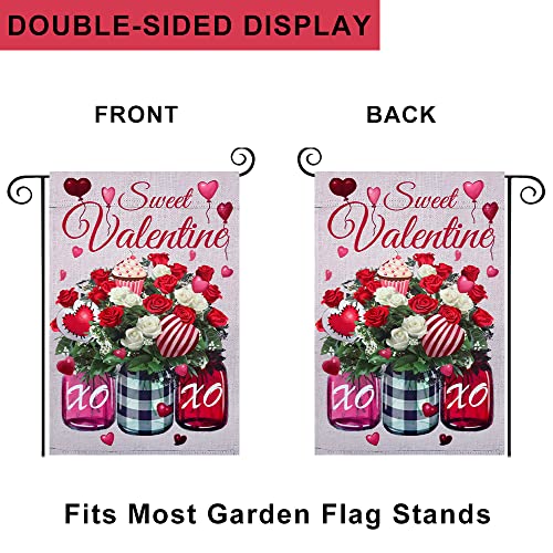 Sweet Valentines Day Garden Flag, hogardeck 12.5x18 Inch Vertical Double Sided XO Mason Jar Flower Yard Flag, Farmhouse Rustic Outdoor Valentines Day Decor