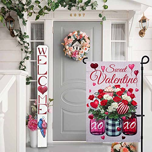 Sweet Valentines Day Garden Flag, hogardeck 12.5x18 Inch Vertical Double Sided XO Mason Jar Flower Yard Flag, Farmhouse Rustic Outdoor Valentines Day Decor