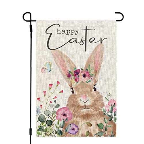 CROWNED BEAUTY Happy Easter Bunny Garden Flag Floral 12X18 Inch Small Double Sided for Outside Burlap Yard Holiday Decoration CF761-12