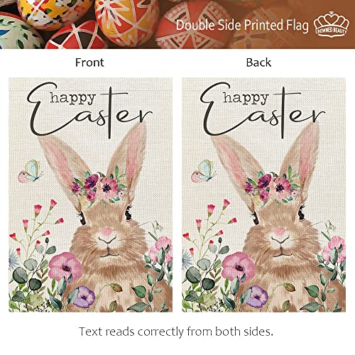 CROWNED BEAUTY Happy Easter Bunny Garden Flag Floral 12X18 Inch Small Double Sided for Outside Burlap Yard Holiday Decoration CF761-12