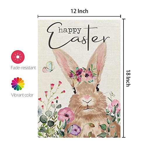 CROWNED BEAUTY Happy Easter Bunny Garden Flag Floral 12X18 Inch Small Double Sided for Outside Burlap Yard Holiday Decoration CF761-12