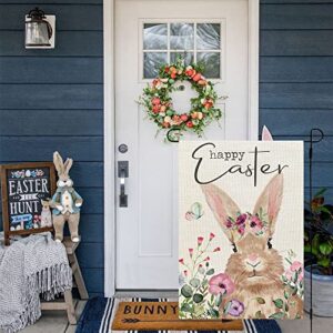 CROWNED BEAUTY Happy Easter Bunny Garden Flag Floral 12X18 Inch Small Double Sided for Outside Burlap Yard Holiday Decoration CF761-12