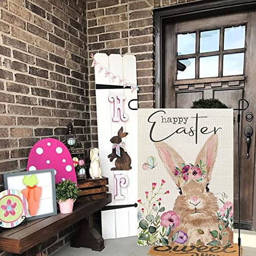 CROWNED BEAUTY Happy Easter Bunny Garden Flag Floral 12X18 Inch Small Double Sided for Outside Burlap Yard Holiday Decoration CF761-12