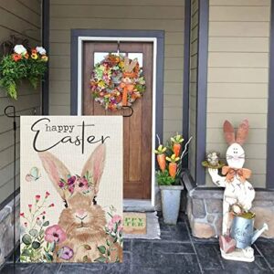 CROWNED BEAUTY Happy Easter Bunny Garden Flag Floral 12X18 Inch Small Double Sided for Outside Burlap Yard Holiday Decoration CF761-12
