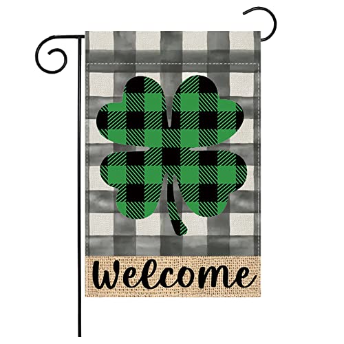 BOTB LIHM St Patricks Day Garden Flag Welcome Shamrock Buffalo Plaid Lucky Clover 12×18 Inch Vertical Double Sided Small Yard Flag Spring Holiday Garden Outdoor Decorations