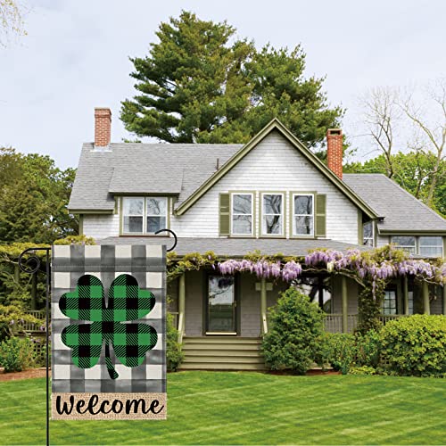 BOTB LIHM St Patricks Day Garden Flag Welcome Shamrock Buffalo Plaid Lucky Clover 12×18 Inch Vertical Double Sided Small Yard Flag Spring Holiday Garden Outdoor Decorations