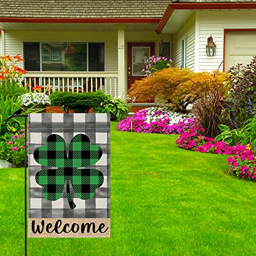 BOTB LIHM St Patricks Day Garden Flag Welcome Shamrock Buffalo Plaid Lucky Clover 12×18 Inch Vertical Double Sided Small Yard Flag Spring Holiday Garden Outdoor Decorations