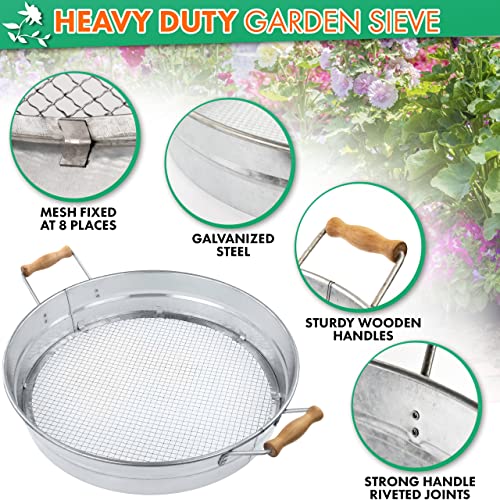 IDSWorld Galvanized Garden Sieve Compost Dirt Soil Shifter Round Riddle Screen Pan Strong Mesh Wooden Handles with Plastic Gardening Scoop