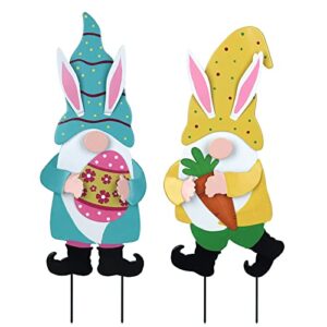 hogardeck easter decorations outdoor garden decor, 2 pcs metal gnome decorative garden stake with egg carrot spring yard sign easter bunny decor for indoor outdoor patio lawn