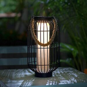 pearlstar large solar powered lantern outdoor-heavy duty metal hanging lights decorative solar table lamp waterproof for outside patio yard garden porch tabletop decor (black)