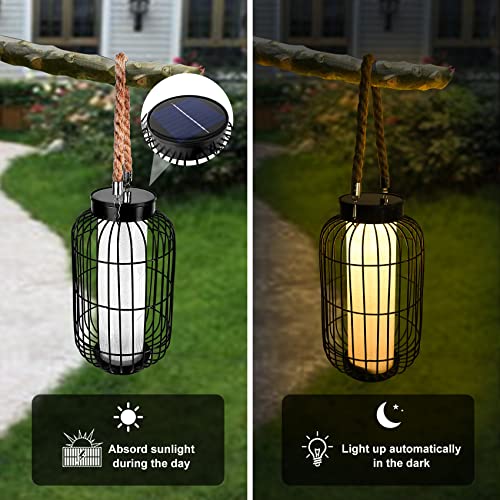 pearlstar Large Solar Powered Lantern Outdoor-Heavy Duty Metal Hanging Lights Decorative Solar Table Lamp Waterproof for Outside Patio Yard Garden Porch Tabletop Decor (Black)